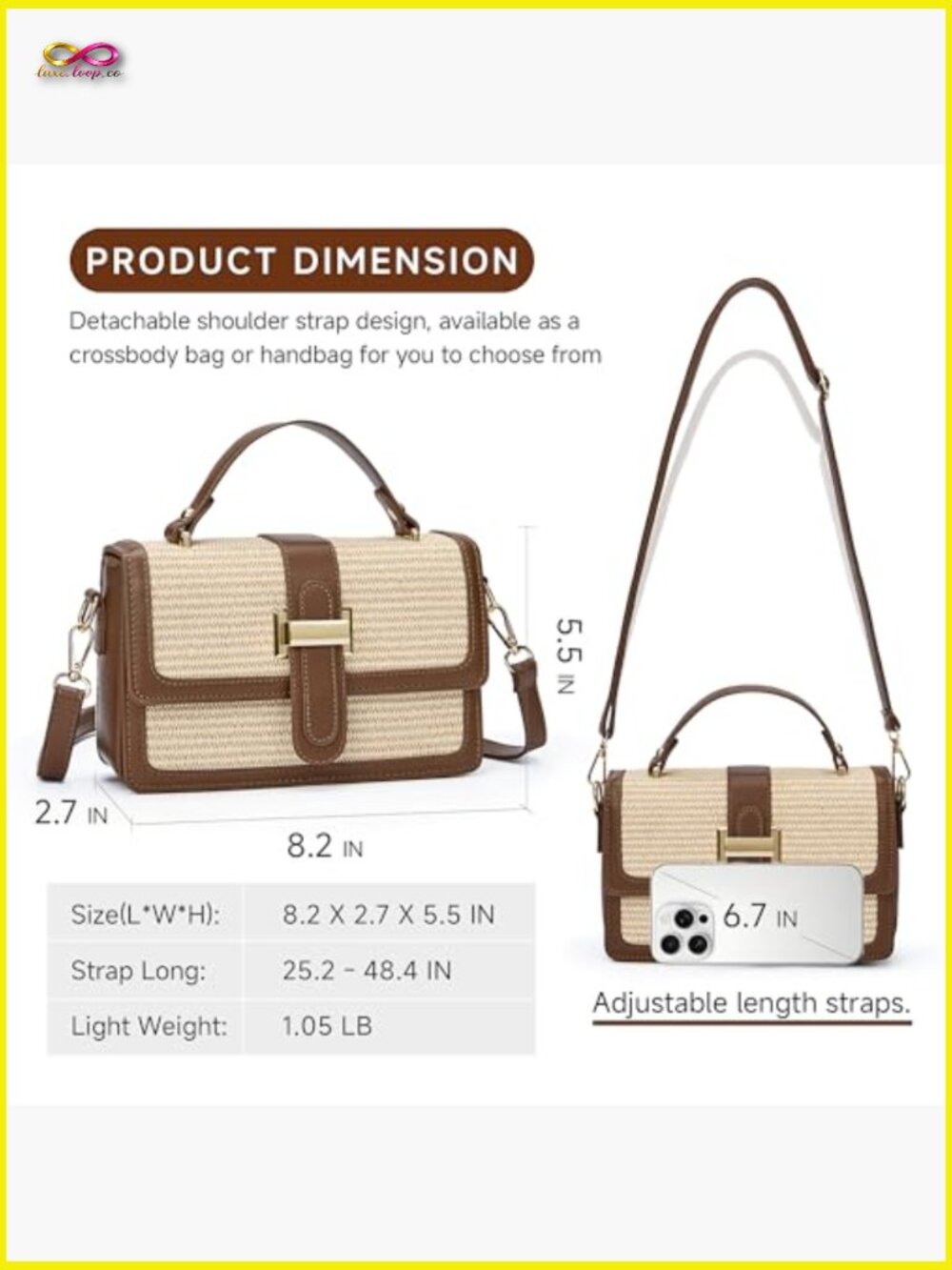 Straw Crossbody Purse for Women Summer Leather Shoulder Bag Woven Tote - Picture 4 of 7